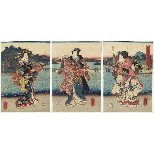 estampes japonaises de Kunisada II Le prince Genji et ses servantes