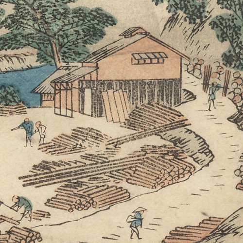Estampes japonaises Hiroshige Ando Transport de bois le long de la rivière