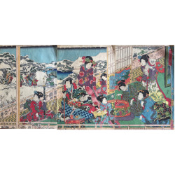 estampe japonaise ukiyoe de Kuniteru I triptyque d'une scène d'hiver du prince Genji