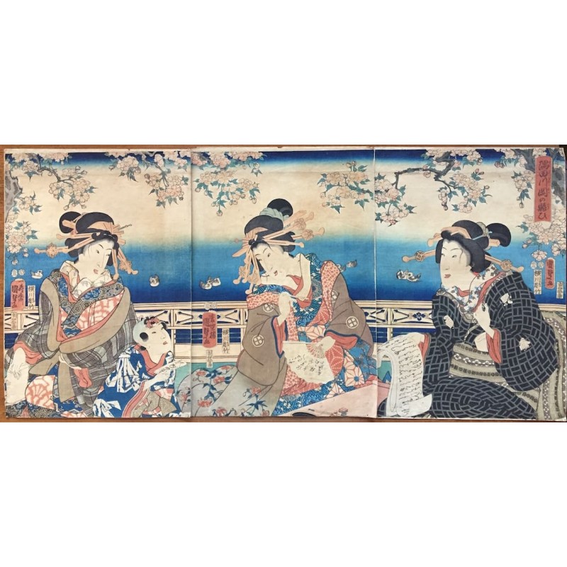 estampe authentique de Kunisada II sous forme de triptyque de l'époque Edo et jeunes bijins