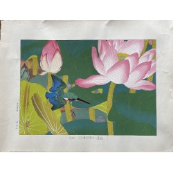 Rakusan Tsuchiya lotus et martin Pecheur véritable estampe japonaise originale