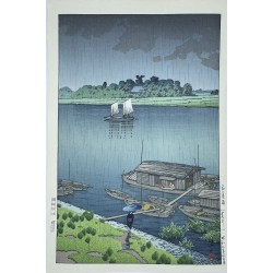 estampe japonaise shin hanga de Hasui Kawase premières pluies d'été à Arakawa