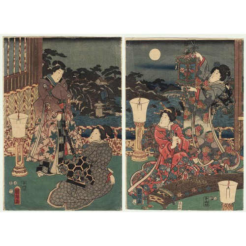 estampes japonaises de Kuniteru Utagawa Le prince Genji dans sa villa du mont Higashi