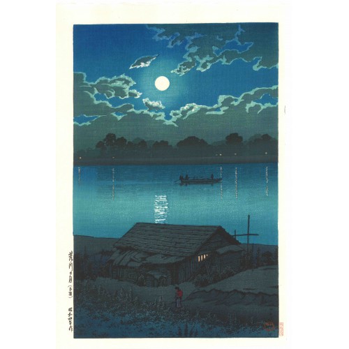 Hasui Kawase - Pleine lune sur la rivière Arakawa